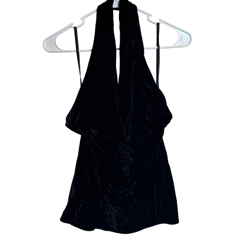 Express Womens Large Black Crushed Velvet Halter Top Backless Draped Cowl Neck
